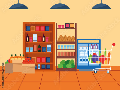 supermarket aisle with shelves with groceries and beverages fridge