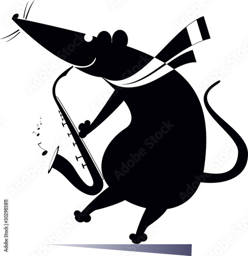 Rat or mouse a saxophonist isolated illustration. Funny rat or mouse plays music on saxophonist with great inspiration black on white