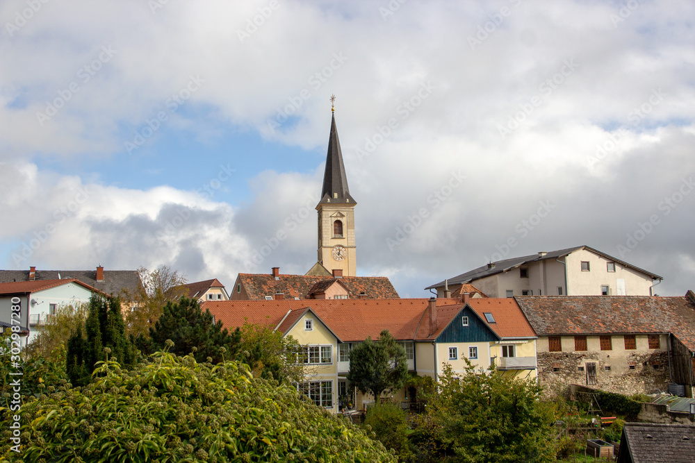 View on a church tower of a small town in Austria