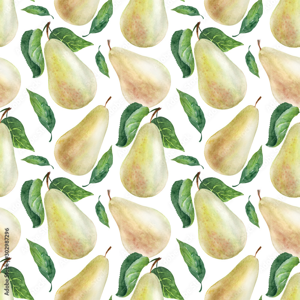 Watercolor seamless pattern Pear tree. Fruits, leaves and flowers Watercolor seamless pattern Pear tree. Fruits, leaves and flowers