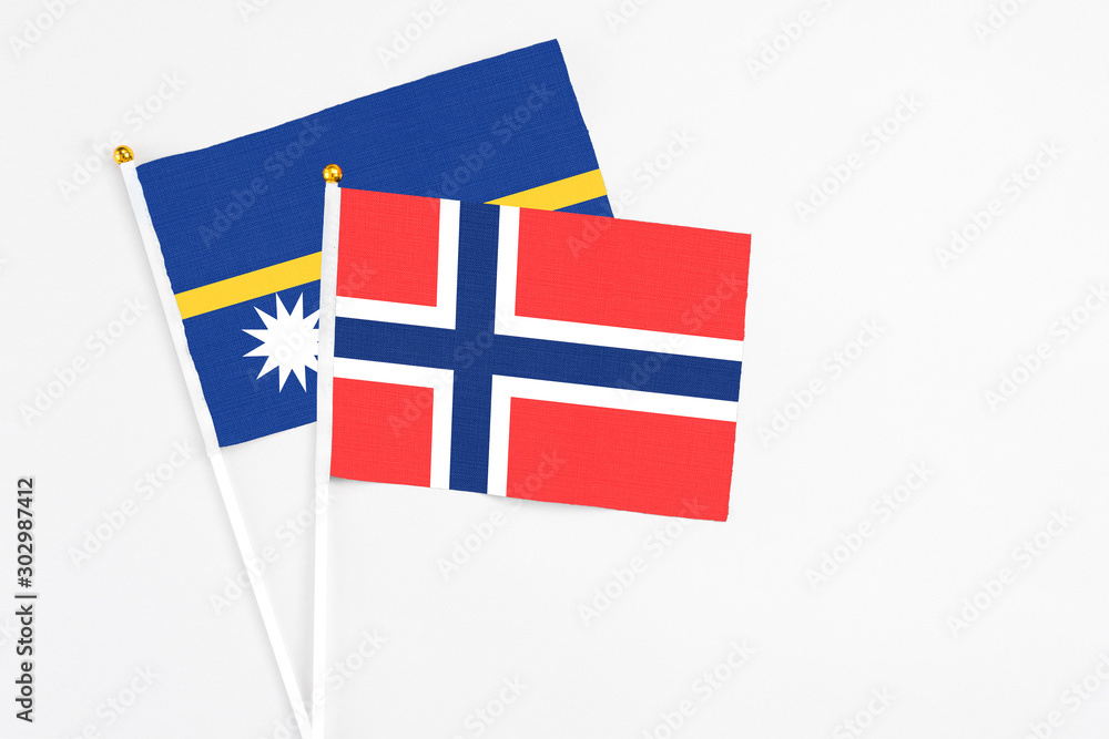 Bouvet Islands and Nauru stick flags on white background. High quality fabric, miniature national flag. Peaceful global concept.White floor for copy space.