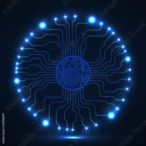 Abstract neon sign fingerprint with circuit board by circumference. Technology concept