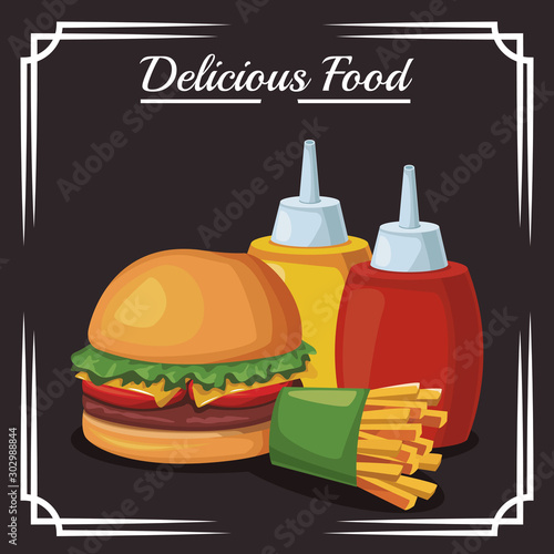 hamburger and french fries and sauces bottles, colorful design