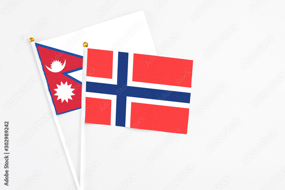 Bouvet Islands and Nepal stick flags on white background. High quality fabric, miniature national flag. Peaceful global concept.White floor for copy space.