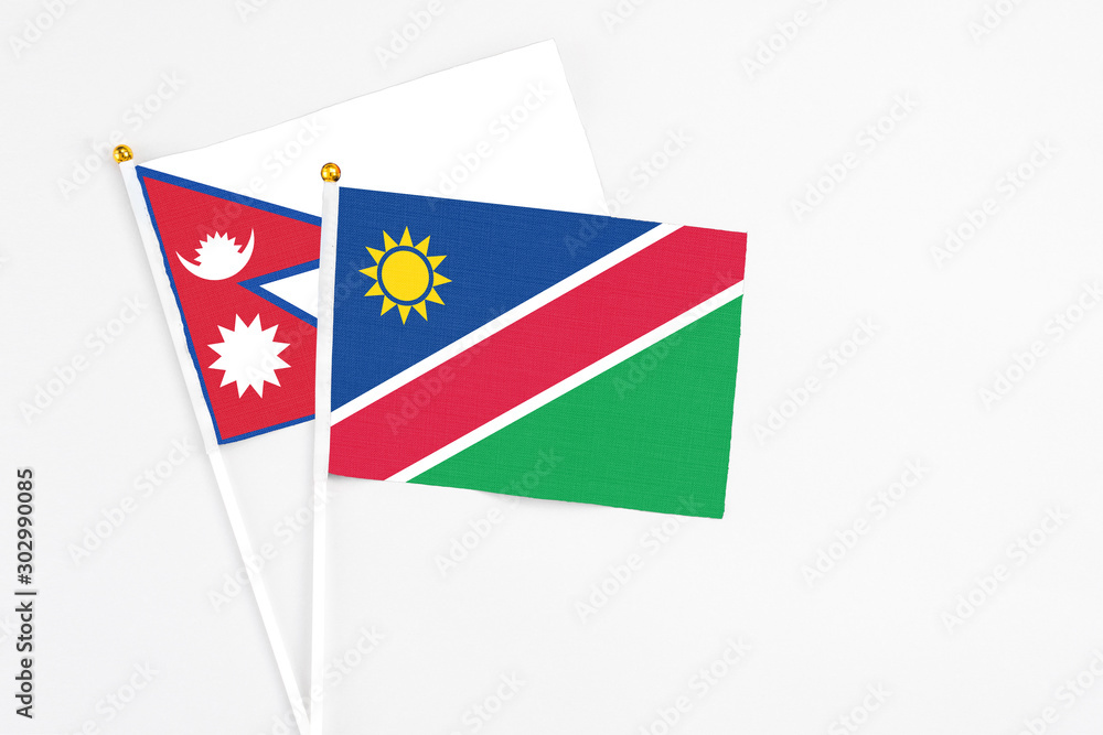 Namibia and Nepal stick flags on white background. High quality fabric, miniature national flag. Peaceful global concept.White floor for copy space. Namibia and Nepal stick flags on white background. High quality fabric, miniature national flag. Peaceful global concept.White floor for copy space.