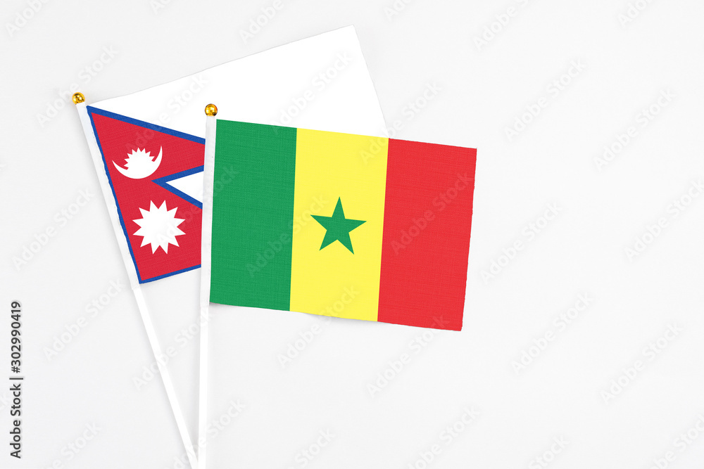 Senegal and Nepal stick flags on white background. High quality fabric, miniature national flag. Peaceful global concept.White floor for copy space.