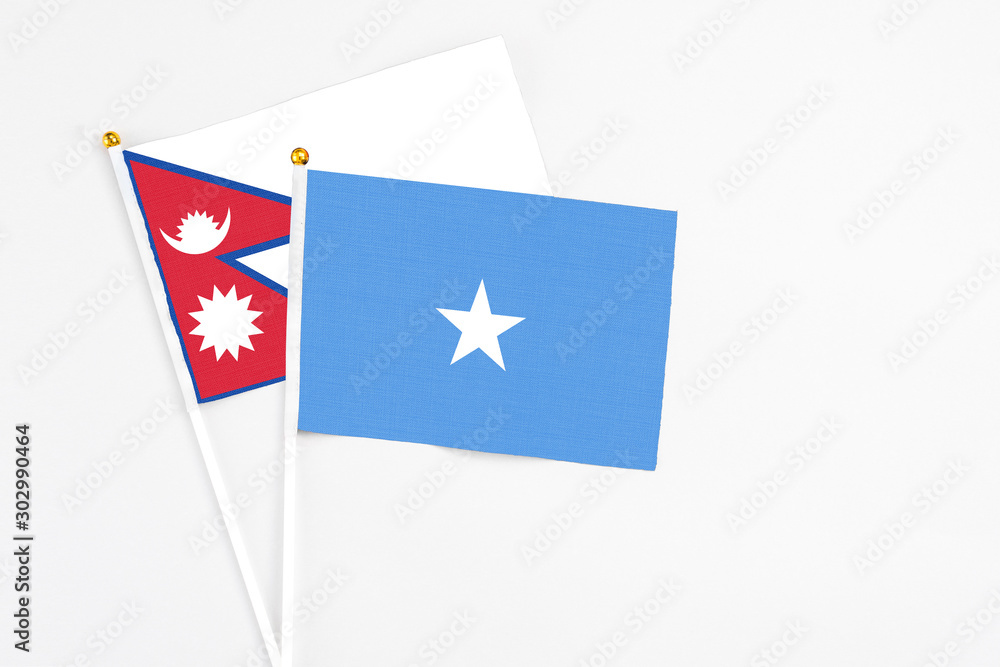 Somalia and Nepal stick flags on white background. High quality fabric, miniature national flag. Peaceful global concept.White floor for copy space. Somalia and Nepal stick flags on white background. High quality fabric, miniature national flag. Peaceful global concept.White floor for copy space.