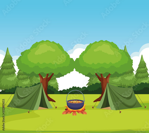 camping in the forest with tents and bonfire with pot with food