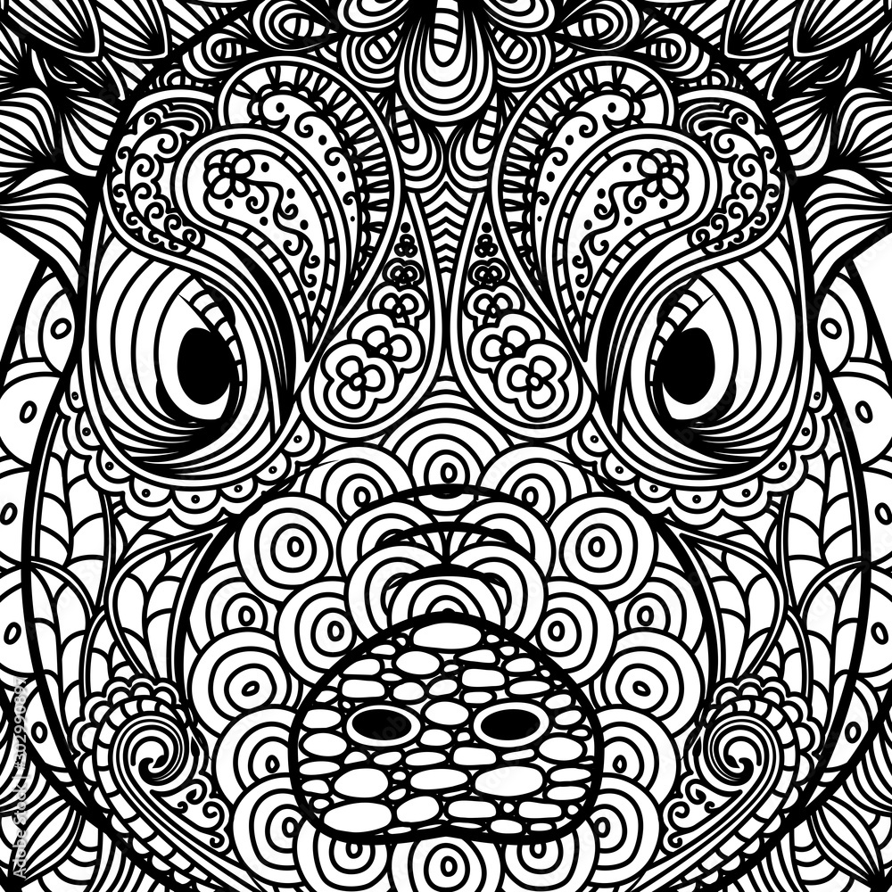 Patterned head of pig. Symbol of 2019. Ornate Chinese New Years sign. Tattoo design. Coloring page. It may be used for design of a t-shirt, bag, postcard, a poster and so on. Patterned head of pig. Symbol of 2019. Ornate Chinese New Years sign. Tattoo design. Coloring page. It may be used for design of a t-shirt, bag, postcard, a poster and so on.