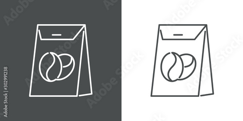 Icono plano bolsa de compra de café en fondo gris y fondo blanco