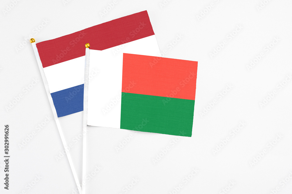 Fototapeta premium Madagascar and Netherlands stick flags on white background. High quality fabric, miniature national flag. Peaceful global concept.White floor for copy space.