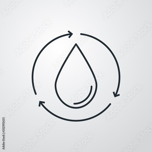 Símbolo agua reciclada con icono lineal de gota con flechas girando en fondo gris