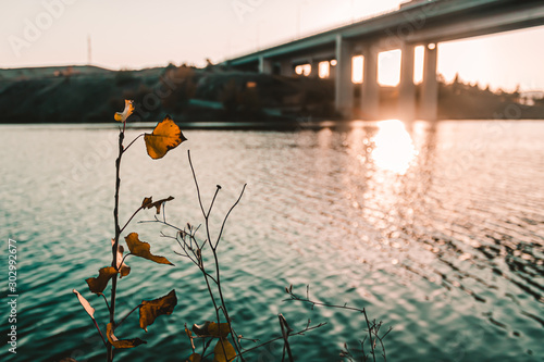 sunset, bridge and lake skyline colors