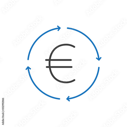 Icono lineal símbolo del euro con flechas girando en gris y azul