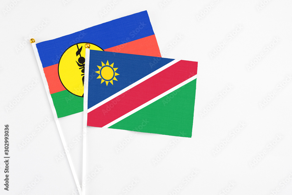 Namibia and New Caledonia stick flags on white background. High quality fabric, miniature national flag. Peaceful global concept.White floor for copy space. Namibia and New Caledonia stick flags on white background. High quality fabric, miniature national flag. Peaceful global concept.White floor for copy space.