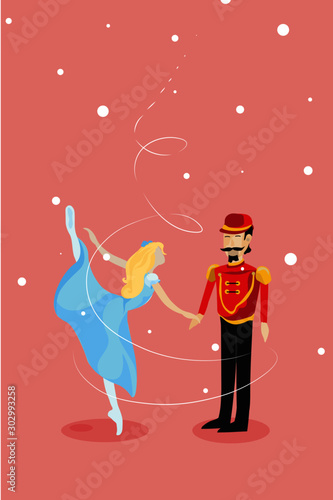 Christmas ballet Nutcracker. Ballet dancer holding hands with nutcracker under the snow