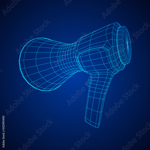 Megaphone or bullhorn for amplifying voice for protests rallies or public speaking. Wireframe low poly mesh vector illustration