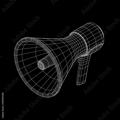 Megaphone or bullhorn for amplifying voice for protests rallies or public speaking. Wireframe low poly mesh vector illustration