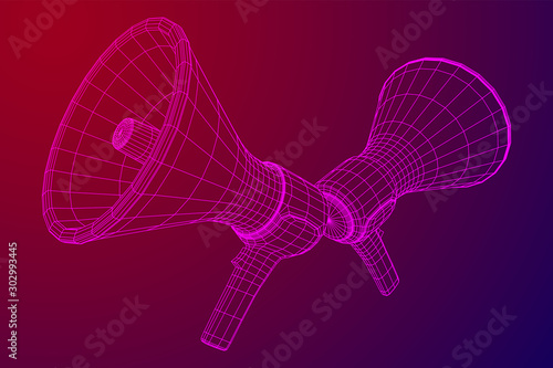 Megaphone or bullhorn for amplifying voice for protests rallies or public speaking. Wireframe low poly mesh vector illustration