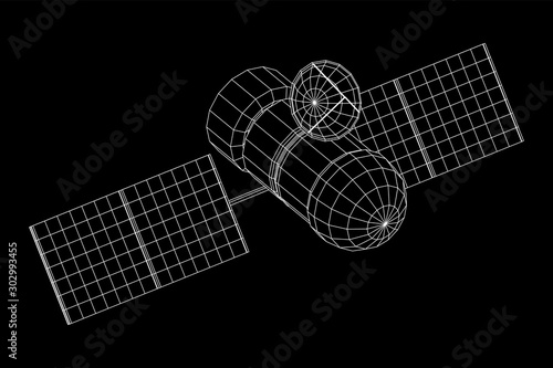 Space station communications satellite. Wireframe low poly mesh vector illustration.