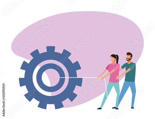 avatar man and woman pulling a big gear wheel, colorful design