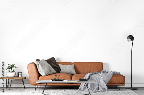 Mock Up Wall In Modern Interior Background, orange leather sofa in trendy living Room design, Scandinavian Style