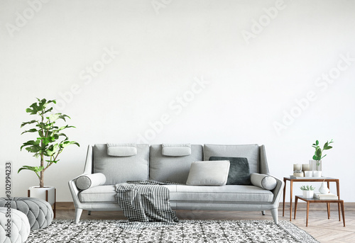 Mock up wall in bright interior design, gray sofa, plant and carpet in modern living room, empty wall, 3D render