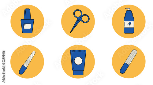 Blue manicure icons - nail polish, manicure scissors, nail polish remover, nail file, hand cream and nail buff on a yellow background