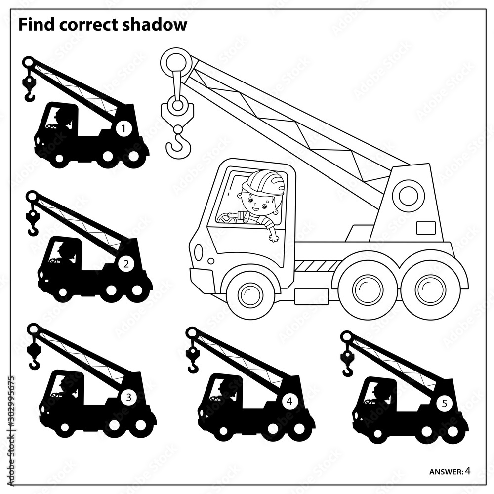 Puzzle Game for kids. Find correct shadow. Truck crane. Construction vehicles. Coloring book for children. Puzzle Game for kids. Find correct shadow. Truck crane. Construction vehicles. Coloring book for children.