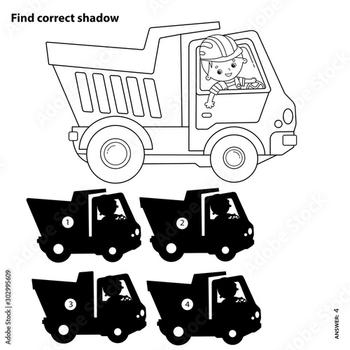 Puzzle Game for kids. Find correct shadow. Lorry or dump truck. Construction vehicles. Coloring book for children.