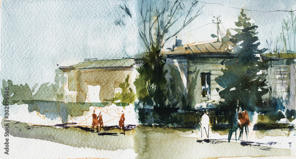 Obraz premium People in village street hand drawn watercolor illustration