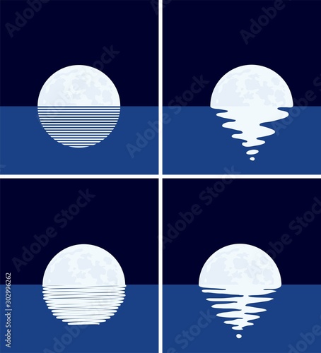 vector background set of sea, full moon at night