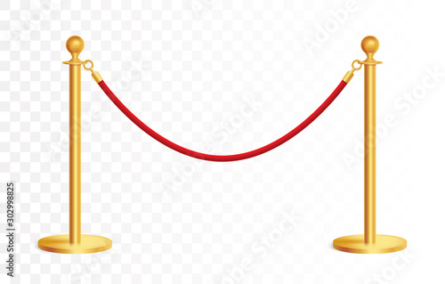 Realistic golden barricade with red rope, golden rope barrier - stock vector.