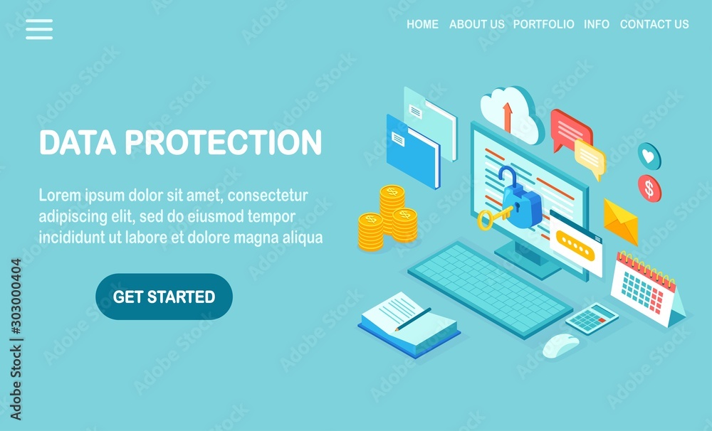 Data protection. Internet security, privacy access with password. 3d isometric computer pc with key, open lock, folder, cloud, documents, laptop, money. Vector design for banner Data protection. Internet security, privacy access with password. 3d isometric computer pc with key, open lock, folder, cloud, documents, laptop, money. Vector design for banner