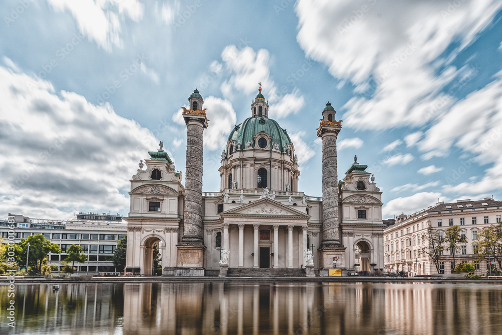 Daytime long Exposure shot of baroque Karlskirch, St. Charle's Church in Vienna, Austria