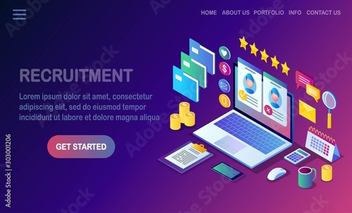 Recruitment. 3d isometric computer, laptop, pc with cv resume, folder, stars. Human Resources, HR. Hiring employees. Job interview. Vector design for banner