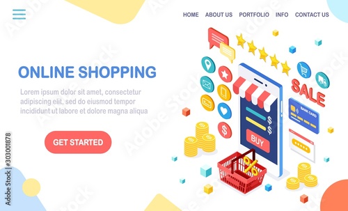 Online shopping concept. Buy in retail shop by internet. Discount sale. 3d isometric mobile phone, smartphone with money, credit card, customer review, feedback, bag, basket. Vector design for banner