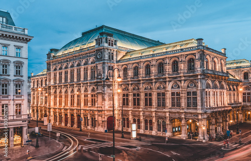Long exposure shot of Austiran National State Opera House Staatsoper with lights on in the eveing