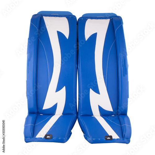 Photography White and blue ice hockey goalie protective leg pads isolated on white background