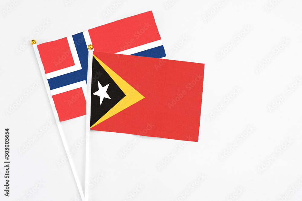 East Timor and Norway stick flags on white background. High quality fabric, miniature national flag. Peaceful global concept.White floor for copy space. East Timor and Norway stick flags on white background. High quality fabric, miniature national flag. Peaceful global concept.White floor for copy space.