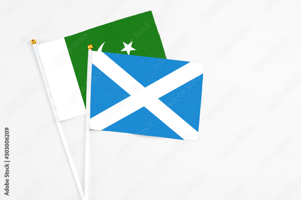 Scotland and Pakistan stick flags on white background. High quality fabric, miniature national flag. Peaceful global concept.White floor for copy space. Scotland and Pakistan stick flags on white background. High quality fabric, miniature national flag. Peaceful global concept.White floor for copy space.