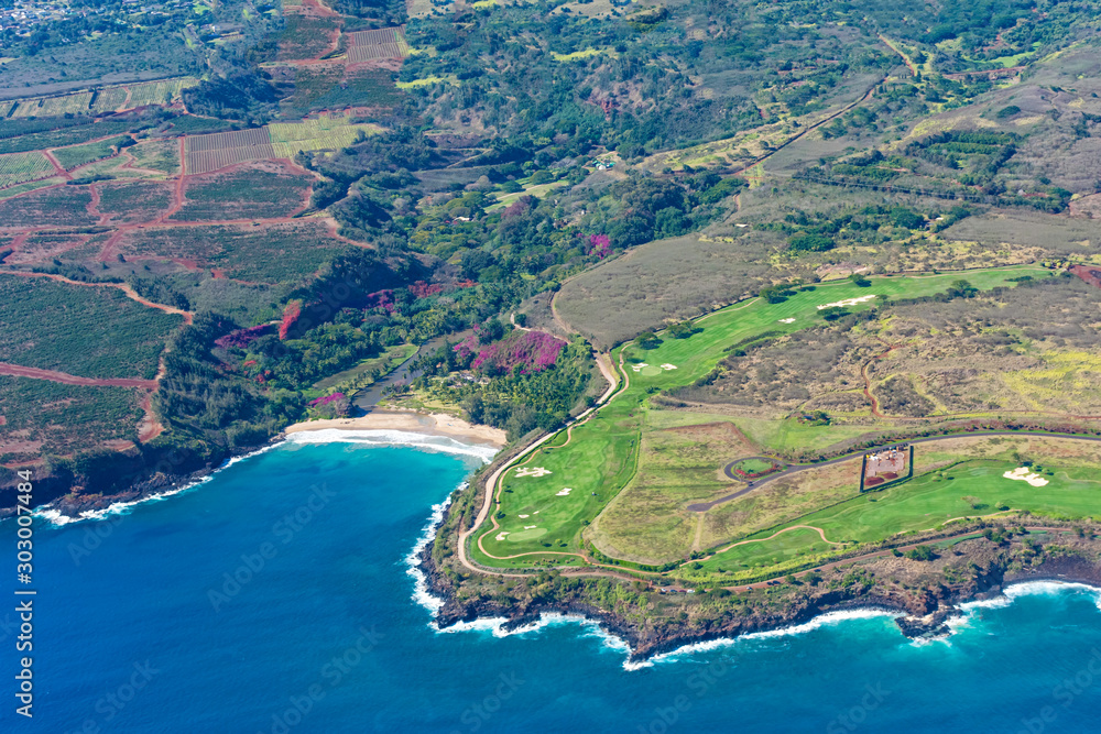 Aerial view of Kauai south coast showing coffee plantations, botanical gardens and a golf course Poipu Kauai Hawaii USA