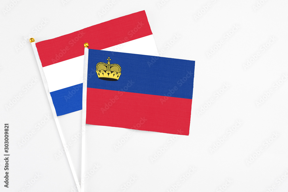 Liechtenstein and Paraguay stick flags on white background. High quality fabric, miniature national flag. Peaceful global concept.White floor for copy space. Liechtenstein and Paraguay stick flags on white background. High quality fabric, miniature national flag. Peaceful global concept.White floor for copy space.