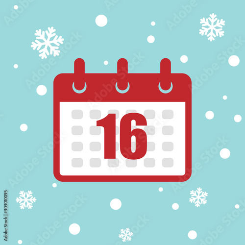 Calendar icon 16 of december isolated on snow background. Vector Christmas advent calendar. Winter holidays poster with date. Cute day decoration. Flat icon calendar. 