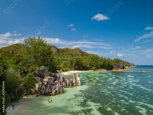 incredible view on the coastline of Curieuse Island on the seychelles from a Drone, travel and Tour destination concept