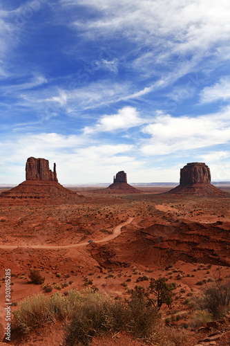 The Red rock desert landscape of Monument Valley, Navajo Tribal Park in the southwest USA in Arizona and Utah, America