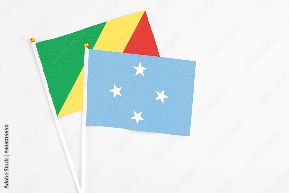 Micronesia and Republic Of The Congo stick flags on white background. High quality fabric, miniature national flag. Peaceful global concept.White floor for copy space. Micronesia and Republic Of The Congo stick flags on white background. High quality fabric, miniature national flag. Peaceful global concept.White floor for copy space.