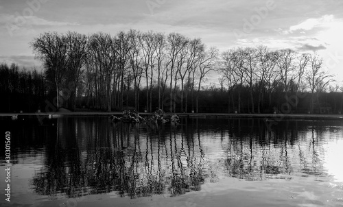 lake in winter with reflection trees in the water in black and white