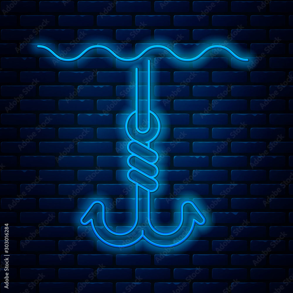 Glowing neon line Fishing hook under water icon isolated on brick