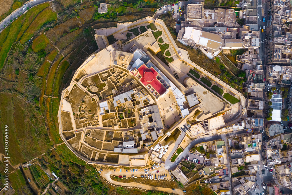 Fototapeta premium Aerial view of Citadel in Victoria city - capital of Gozo island. Malta 